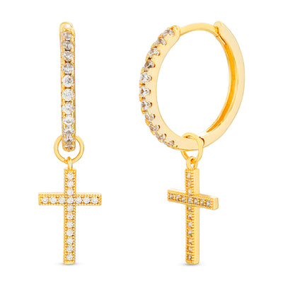 Cubic Zirconia Dangling Cross Huggie Hoop Earrings in Yellow Gold Plated Sterling Silver