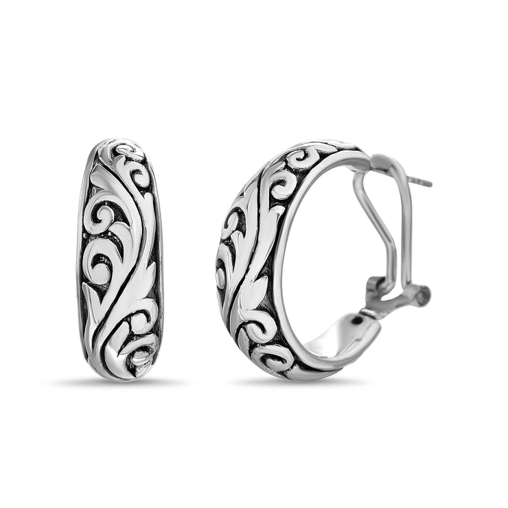 Sterling Silver Hoop Earrings with Omega Backs and Filgree Details