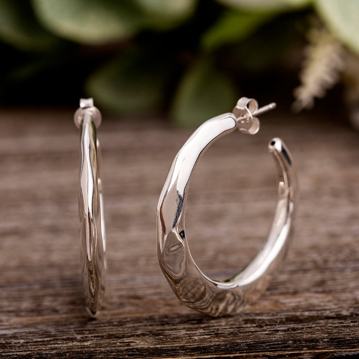 Hammered Texture Sterling Silver C Hoop Earrings
