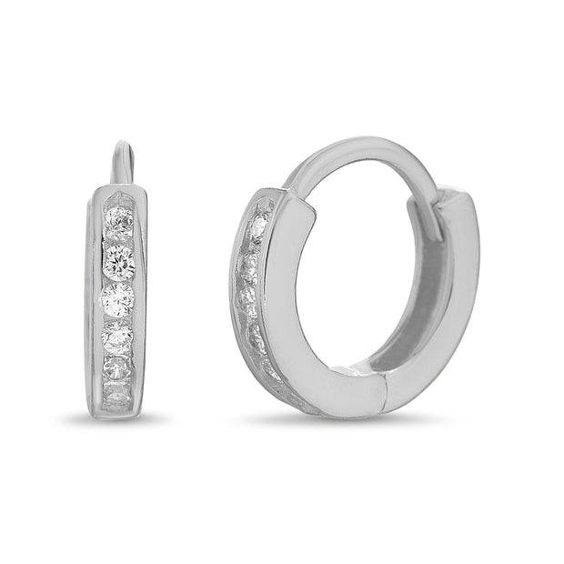 Channel Set Cubic Zirconia Extra Small Hoop Earrings in Rhodium Plated Sterling Silver