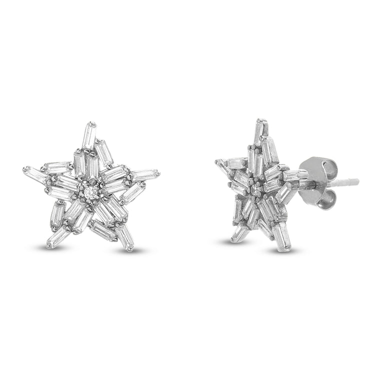 Cubic Zirconia Baguette Heart or Star Stud Earrings in Rhodium Plated Sterling Silver