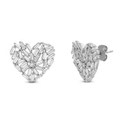 Cubic Zirconia Baguette Heart or Star Stud Earrings in Rhodium Plated Sterling Silver