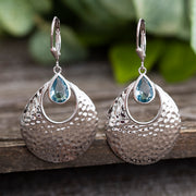 Hammered Sterling Silver Simulated Aquamarine Teardrop Dangle Earrings