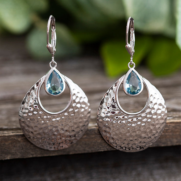 Hammered Sterling Silver Simulated Aquamarine Teardrop Dangle Earrings