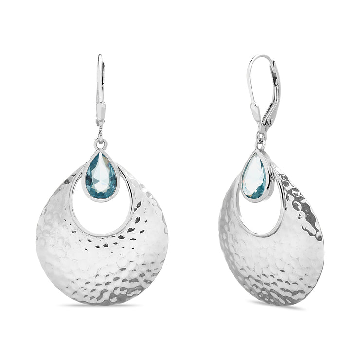 Hammered Sterling Silver Simulated Aquamarine Teardrop Dangle Earrings