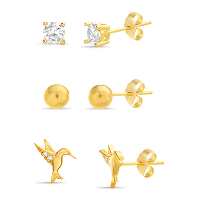 Cubic Zirconia Stud Trio Earring Set in Yellow Gold Plated Sterling Silver