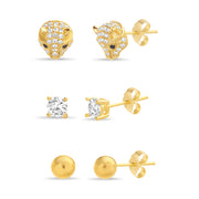 Cubic Zirconia Stud Trio Earring Set in Yellow Gold Plated Sterling Silver