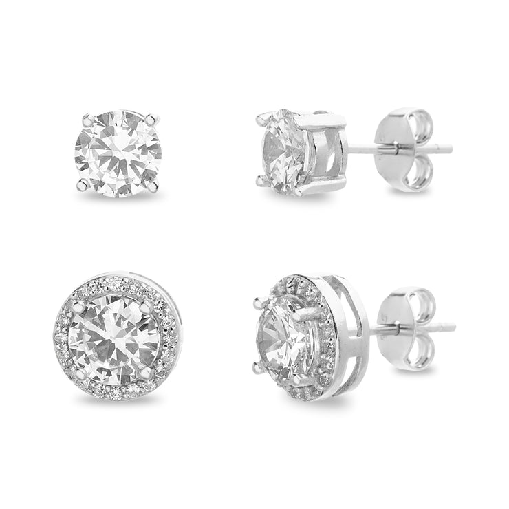 Cubic Zirconia Halo 2 Pair Stud Earring Set in Rhodium Plated Sterling Silver