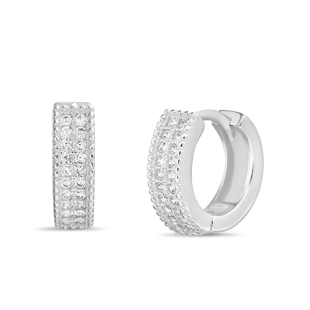 Cubic Zirconia Double Row Pave Huggie Earrings in Rhodium Plated Sterling Silver