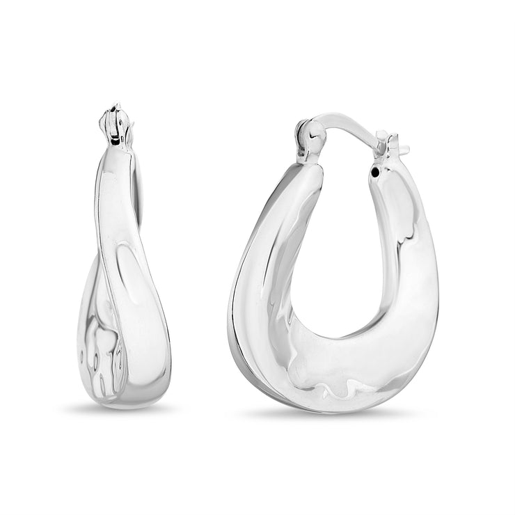 Oval or Round Hammered Hinge Hoop Earrings in Sterling Silver