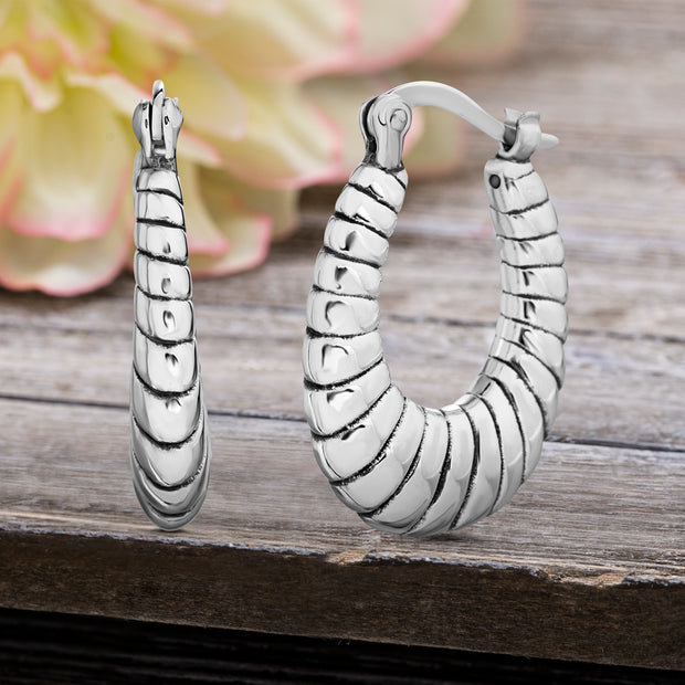 Ripped or Twisted Round Hoop Earrings in E-Coat Plated Sterling Silver
