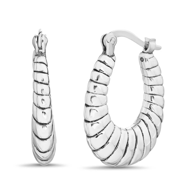 Ripped or Twisted Round Hoop Earrings in E-Coat Plated Sterling Silver