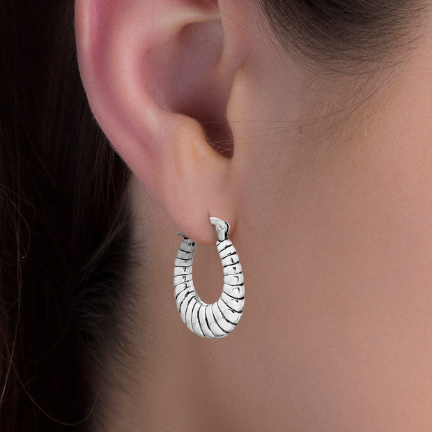 Ripped or Twisted Round Hoop Earrings in E-Coat Plated Sterling Silver