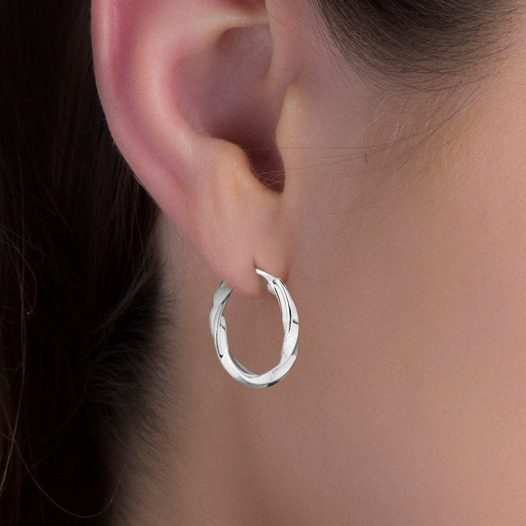 Twisted or Beaded Polished Hoop Earrings in Sterling Silver