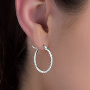 18mm Polished Textured Sterling Silver Hoop Earrings
