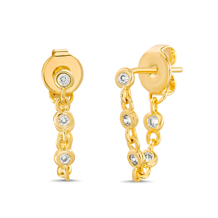 Cubic Zirconia Front to Back Chain Earrings in Yellow Gold or Rhodium Plated Sterling Silver