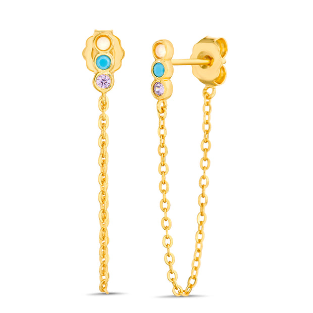 Mini Bar Multi-Color Gem Front to Back Chain Earrings in Yellow Gold Sterling Silver