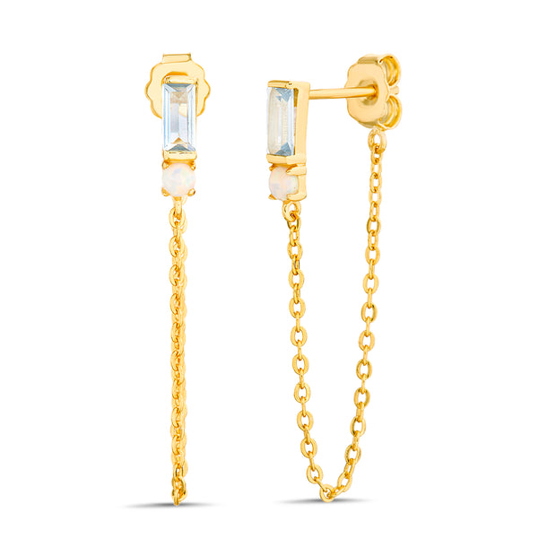 Mini Bar Multi-Color Gem Front to Back Chain Earrings in Yellow Gold Sterling Silver