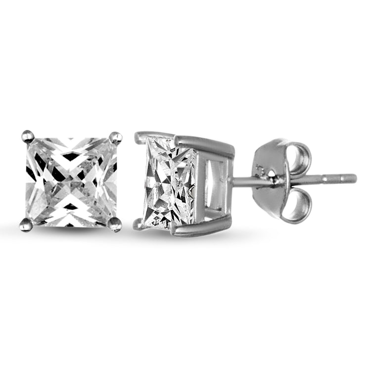 Princess Cut 6mm Cubic Zirconia Stud Earring in Rhodium Plated Sterling Silver