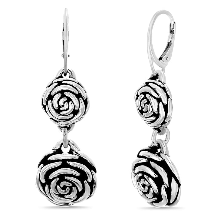 High Polished Oxidized Sterling Silver Rose Lever Back Dangle Earrings