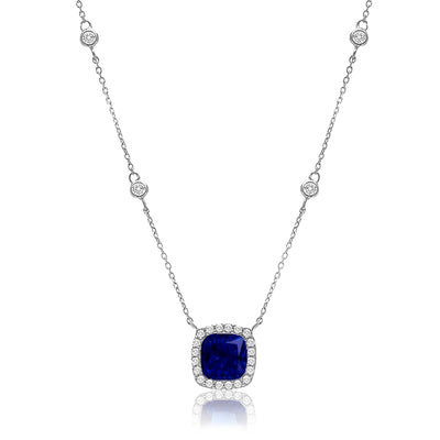 Cushion Shaped Prong Set Simulated Blue Sapphire and Round Cubic Zirconia Halo Bridal Pendant on Station Necklace for Women in Rhodium Plated 925 Sterling Silver