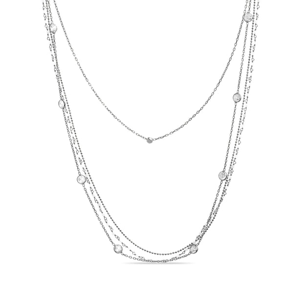 Cubic Zirconia and Freshwater Cultured Pearl Multi Row Adjustable Station Necklace in Sterling Silver
