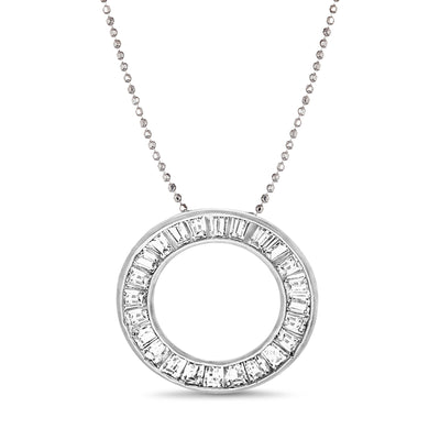 Baguette Channel Set Cubic Zirconia Circle Pendant on 24" Necklace in Rhodium Plated 925 Sterling Silver