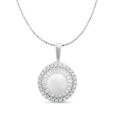 Baguette and Round Shaped Prong Set Freshwater Cultured Pearl and Cubic Zirconia Ballerina Stud Bridal Halo Pendant on 24" Necklace for Women in Rhodium Plated 925 Sterling Silver