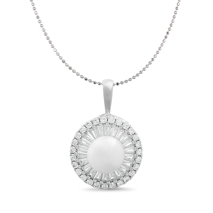 Baguette and Round Shaped Prong Set Freshwater Cultured Pearl and Cubic Zirconia Ballerina Stud Bridal Halo Pendant on 24" Necklace for Women in Rhodium Plated 925 Sterling Silver