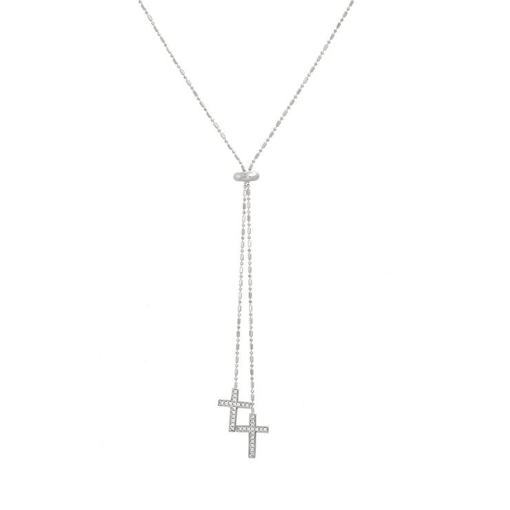 Cubic Zirconia Cross Slider Y Necklace in Rhodium Plated Sterling Silver