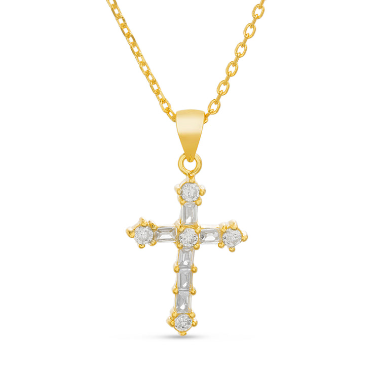 Round and Baguette Cross Necklace in Sterling Silver