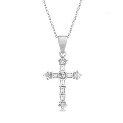 Round and Baguette Cross Necklace in Sterling Silver