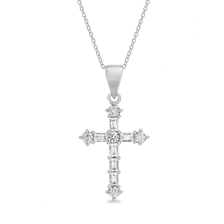 Round and Baguette Cross Necklace in Sterling Silver