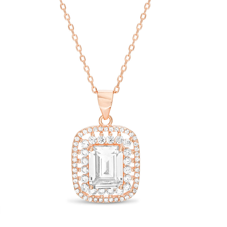Emerald Cut Cubic Zirconia Antique Style Necklace in Sterling Silver