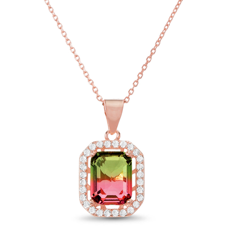 Emerald Cut Prong Set Simulated Watermelon Tourmaline and Round Cubic Zirconia Pendant on Adjustable Bridal Necklace for Women in Rose Gold Plated 925 Sterling Silver
