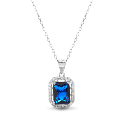 Simulated Blue Sapphire and CZ Pendant in Rhodium Plated Sterling Silver