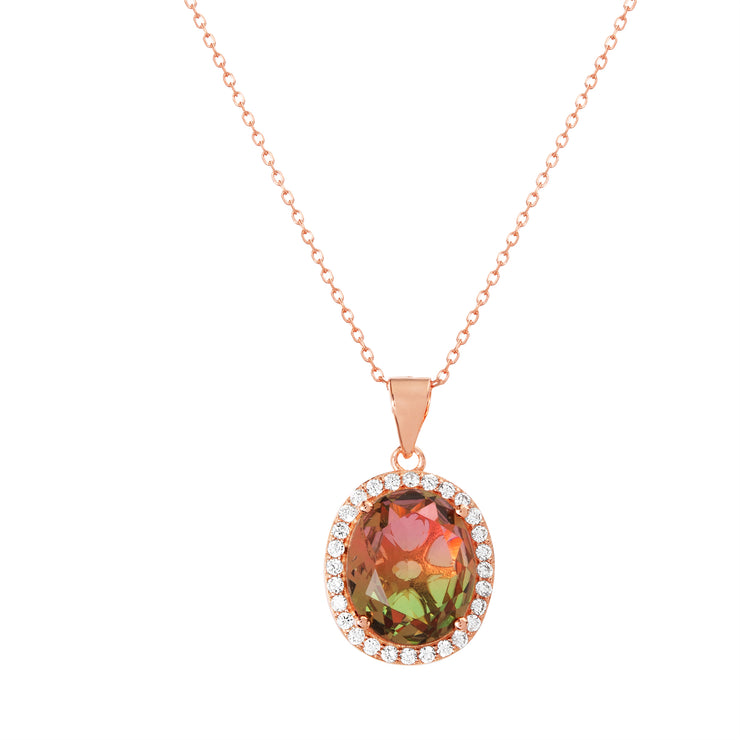 Simulated Watermelon Tourmaline and Cubic Zirconia Oval Halo Pendant Necklace in Rose Gold Plated Sterling Silver