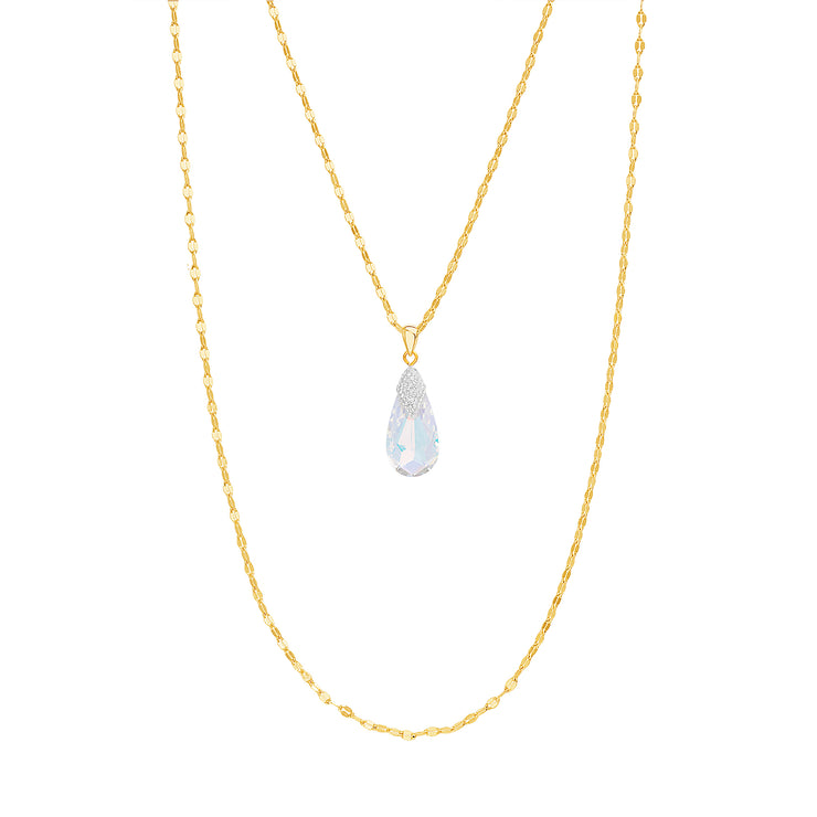Double Strand Yellow Gold Plated Sterling Silver Aurore Boreale Swarovski Crystal Teardrop Necklace