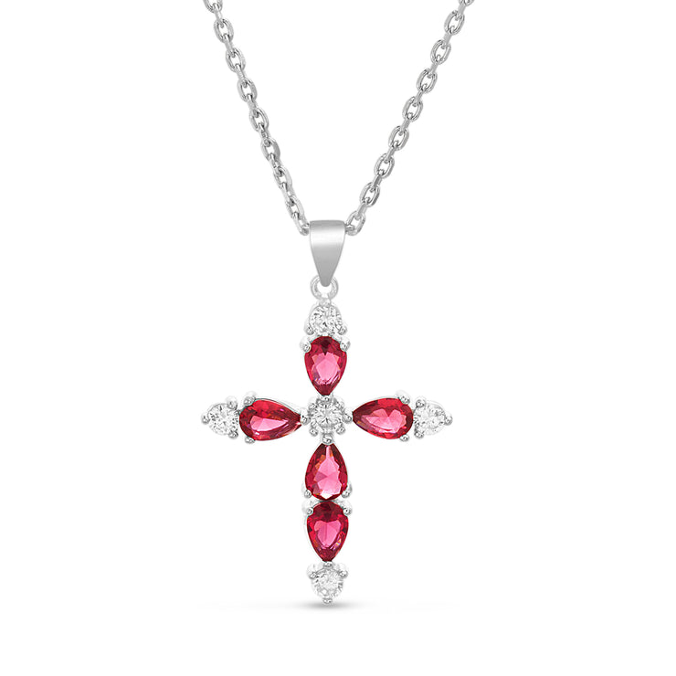 Simulated Gemstone and Cubic Zirconia Cross Necklace in Rhodium Plated Sterling Silver
