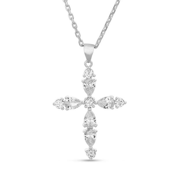 Simulated Gemstone and Cubic Zirconia Cross Necklace in Rhodium Plated Sterling Silver