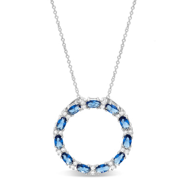 Oval and Round Cut Prong Set Simulated Blue Sapphire and Cubic Zirconia Circle Pendant on 24" Necklace in Rhodium Plated 925 Sterling Silver