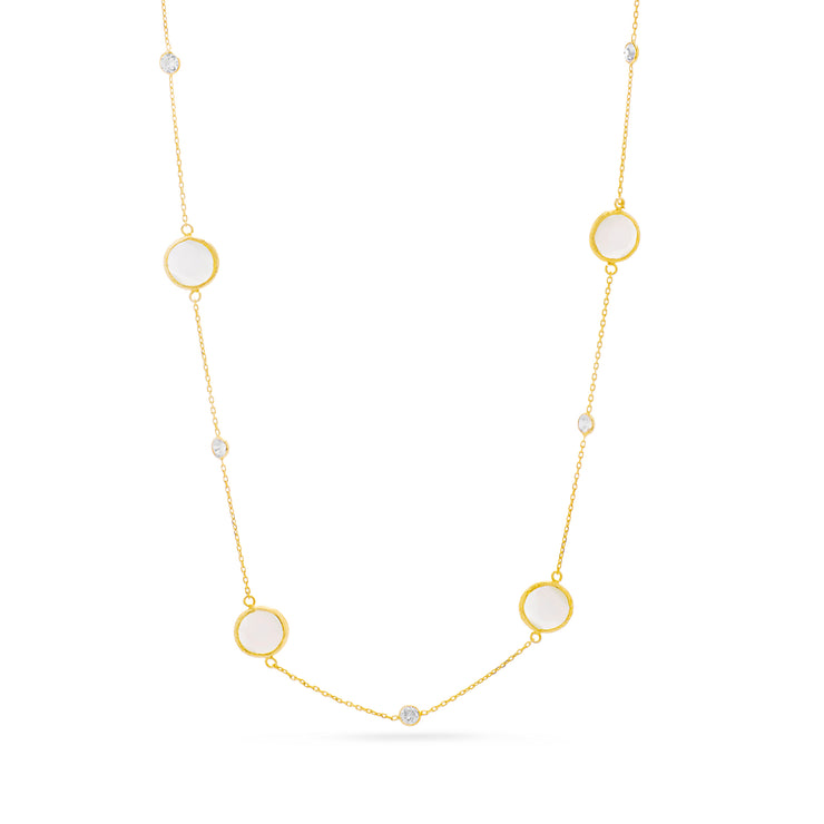 Cubic Zirconia & Cat Eye Station Necklace in Yellow Gold Plated Sterling Silver