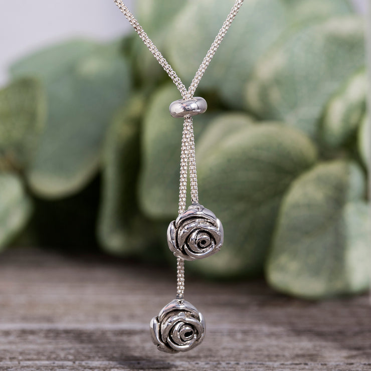 Double Rose Dangle Popcorn Chain Necklace in Sterling Silver