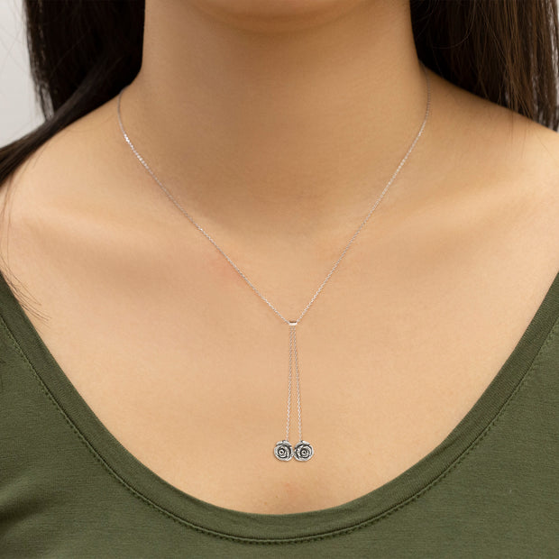 Double Rose Dangle Popcorn Chain Necklace in Sterling Silver