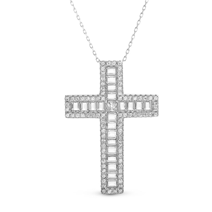 Baguette Cubic Zirconia Cross Necklace in Rhodium Plated Sterling Silver