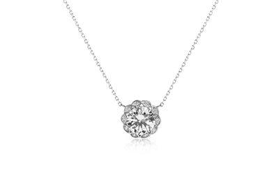 Round Prong Set Cubic Zirconia Antique Style Halo Bridal Pendant on Adjustable Station Necklace for Women in Rhodium Plated 925 Sterling Silver