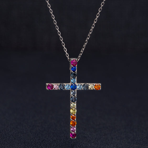 Rainbow Cubic Zirconia Cross Necklace in Rhodium Plated Sterling Silver