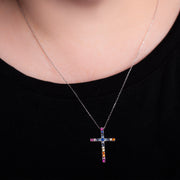 Rainbow Cubic Zirconia Cross Necklace in Rhodium Plated Sterling Silver