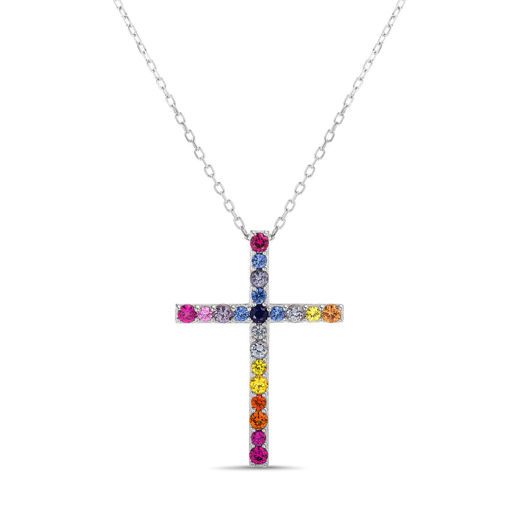 Rainbow Cubic Zirconia Cross Necklace in Rhodium Plated Sterling Silver