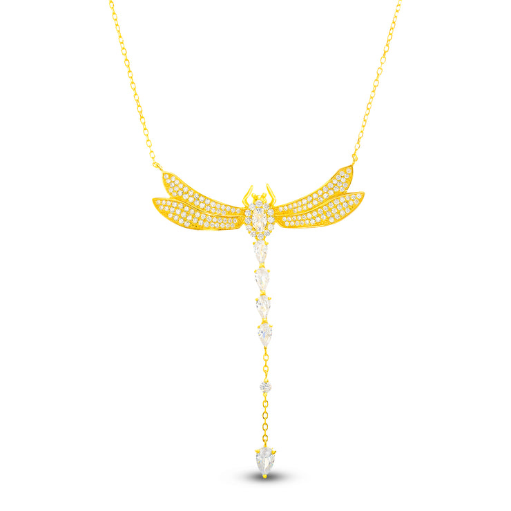 Dangling Cubic Zirconia Dragonfly Necklace in Sterling Silver